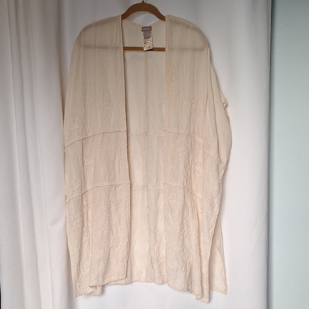 Chico's Cream  Embroidered Open-Front Cardigan Kimono Coastal Cottage